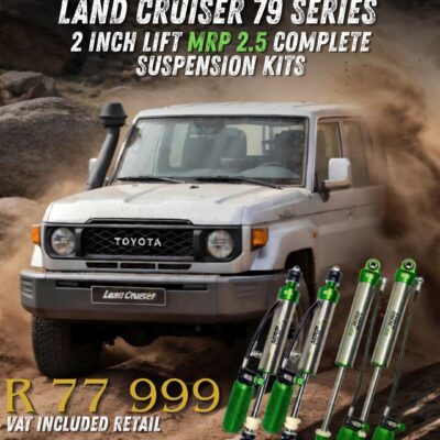 EFS Africa promotion for Toyota Land Cruiser 79 Series with 2-inch lift MRP 2.5 suspension kit, off-road scene with shocks and price R77,99